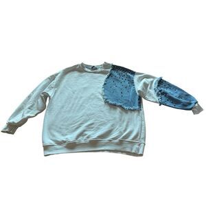 Denim Patchwork Studded Sweatshirt White Blue Embellished Pullover